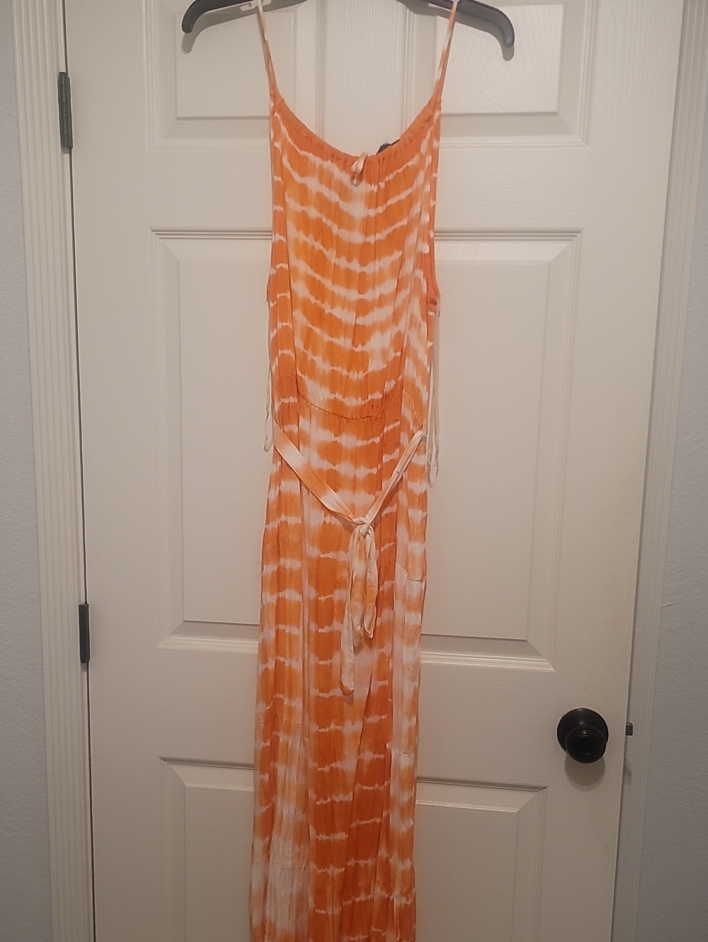 Women's Orange Tie-Dye Maxi Dress with Waist Tie